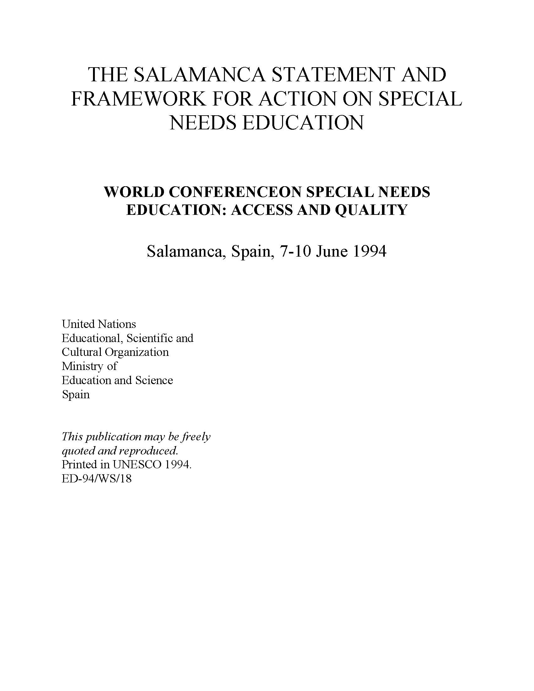 The Salamanca statement and framework for action on special needs